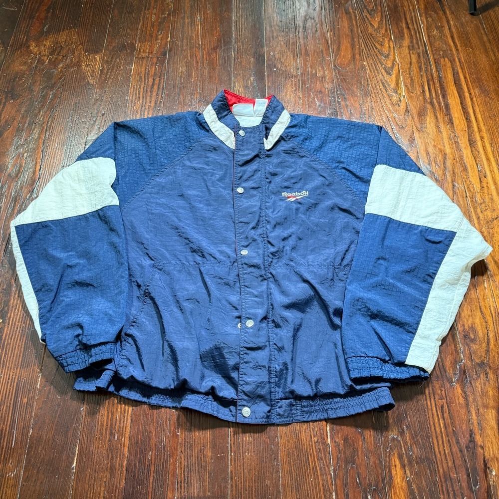 Vintage Reebok Windbreaker Jacket Mens L Blue Full Zip Track Lined 90s‎ - EUC